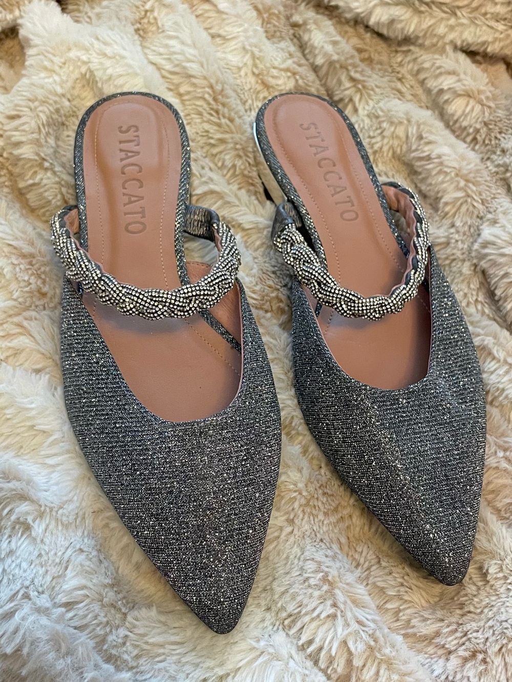 Staccato Metallic Silver Pointed Toe Braided-Strap Mules